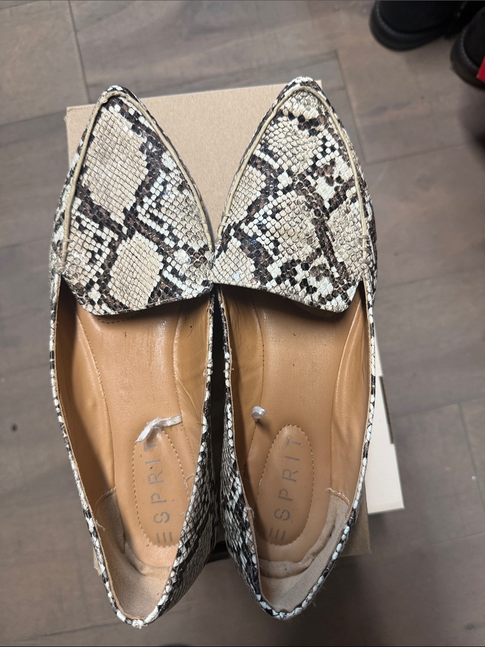 Esprit Snake-Print Pointed Flats in Cream and Brown
